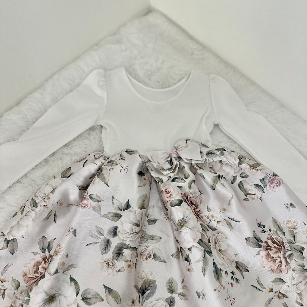 H&M Girls Floral Long-Sleeve Dress – White & Soft Rose Print